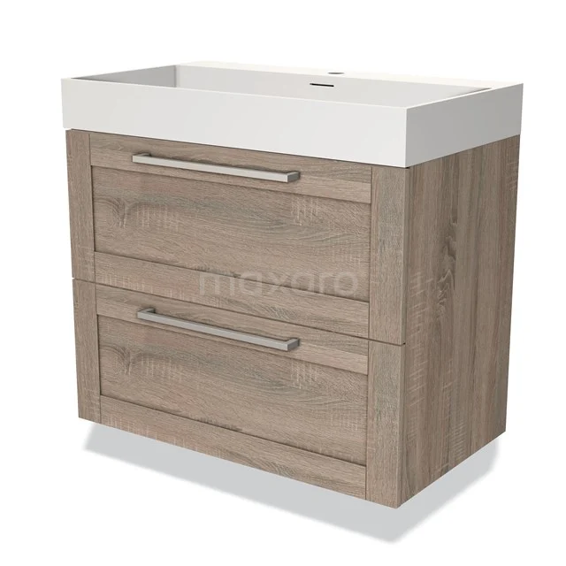 Houten badkamermeubel met twee lades, wit wastafelblad en metalen handgrepen, modern design voor een stijlvolle badkamer.