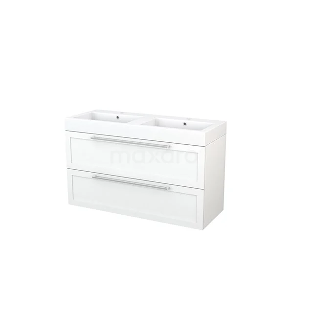 White double vanity unit with clean lines and two drawers, ideal for organised bathroom storage.
