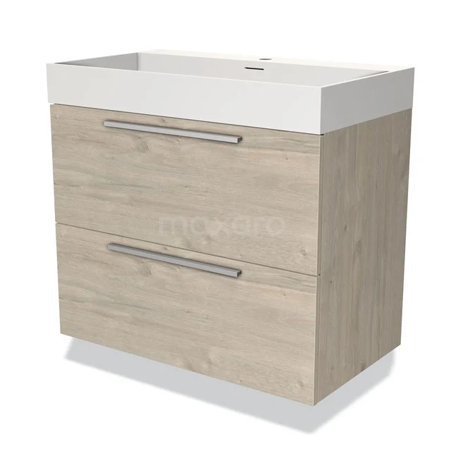 Holz Badezimmermöbel mit zwei Schubladen und einem weißen Waschbecken, modernes Design, ideal für Stauraum im Badezimmer.