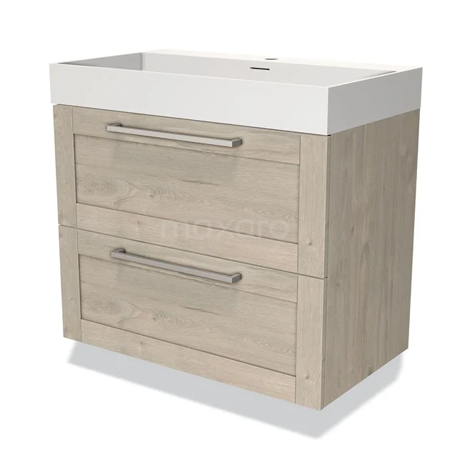 Holz Badezimmermöbel mit zwei Schubladen, weißem Waschbecken, modernem Design und metallischen Haltegriffen für einen stilvollen Badezimmerraum.