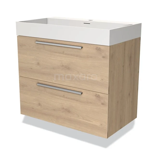 Wooden bathroom unit with white sink, two drawers and metal handles, ideal for modern bathroom storage.