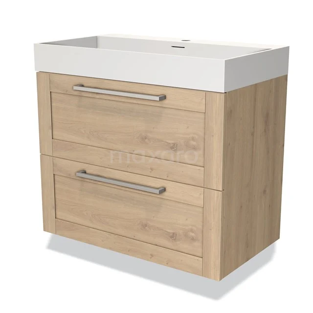 Eikenhouten badkamermeubel met twee lades, chromen handgrepen en een wit keramisch wasbakblad, modern en praktisch design.