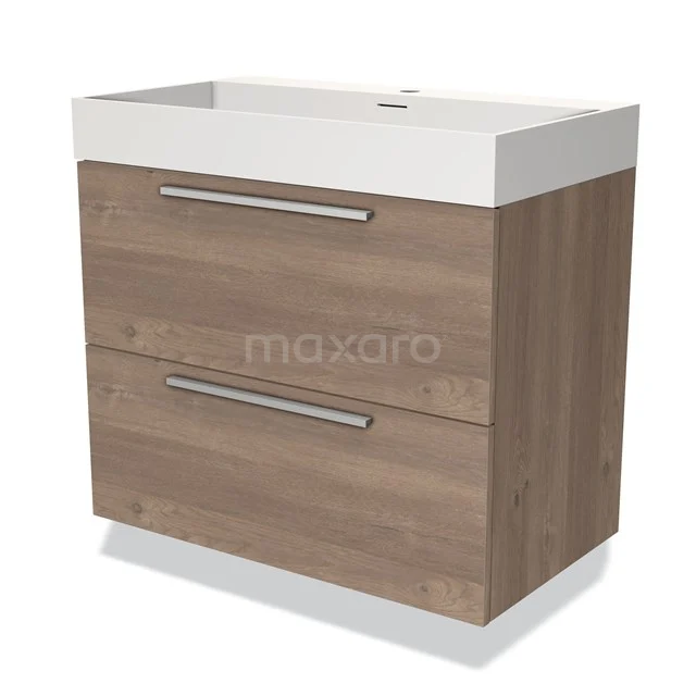 Modern vanity unit with wood look, two drawers and chrome handles; perfect space-saving solution for the bathroom.