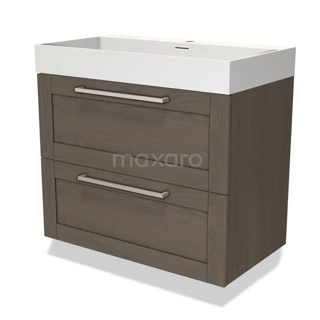 Bruine houten badkamermeubel met witte wasbak, twee laden en metalen handgrepen. Elegante en moderne stijl.