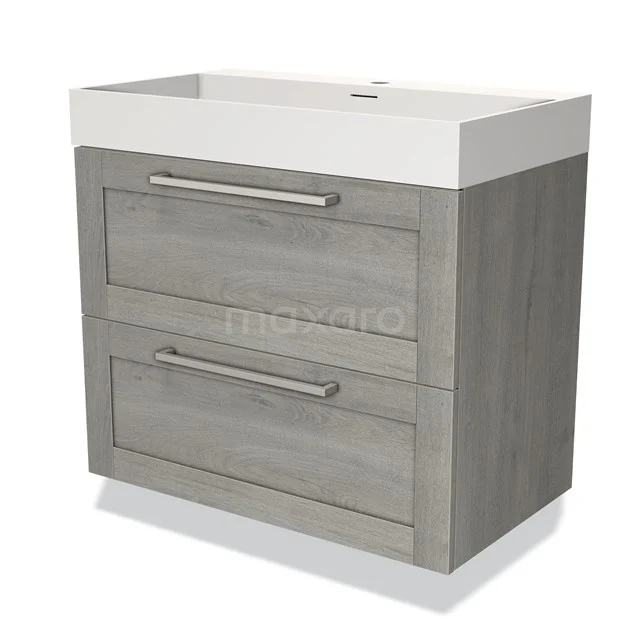 Grijze badkamermeubelset met twee ladekasten, witte wastafel en moderne metalen handgrepen, geschikt voor stijlvolle badkamers.