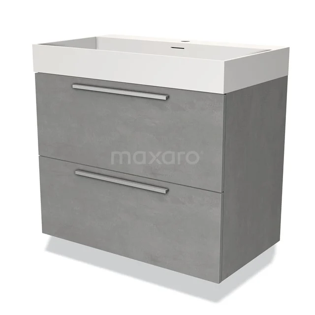 Grijze badkamermeubel met twee lades en witte wastafel, modern design, ideaal voor opslag en stijl in de badkamer.
