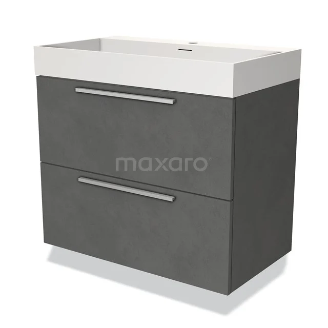 Grey bathroom furniture set with double drawers and white basin, modern finish, ideal for stylish bathroom storage.