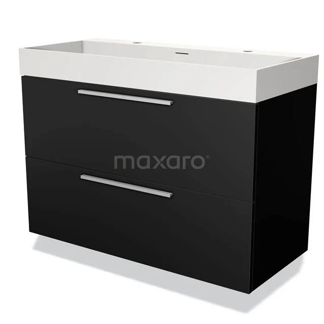 Zwarte badkamermeubel met witte keramische wastafel, twee lades met strakke handgrepen, modern design voor optimale opbergruimte.