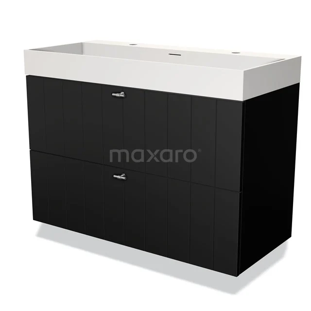 Zwarte badkamermeubel met hoogglans afwerking, twee lades en witte keramische wastafel; elegant en modern design.
