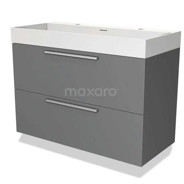 Graue Badmöbelset mit doppelten Schubladen, verchromten Haltegriffen und weißer keramischer Waschtischplatte, modernes und praktisches Design.