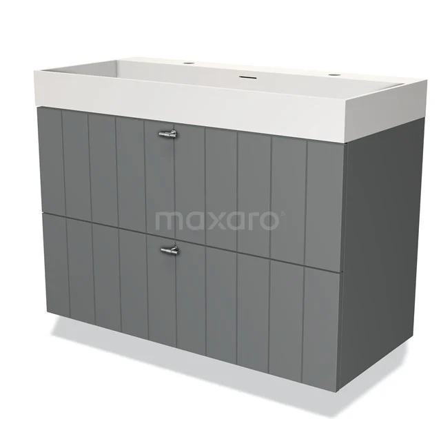 Grijze badkamermeubel met verticale strepen, twee lades en witte wastafel, modern design voor stijlvolle badkamers.