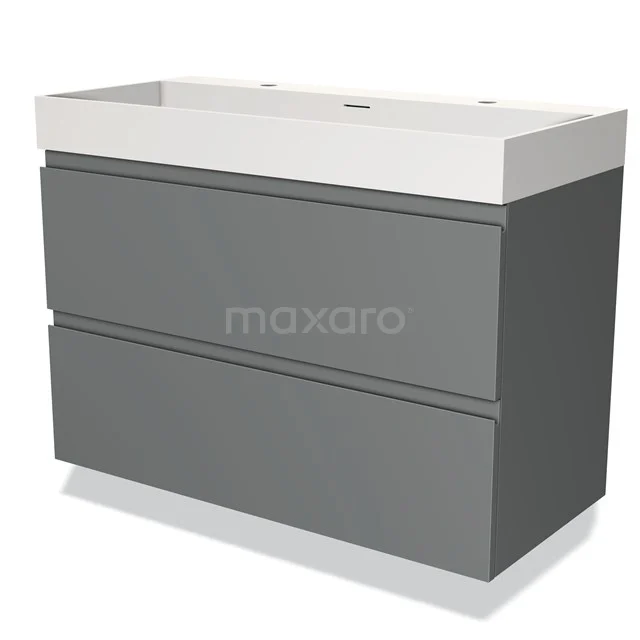 Grijze badkamermeubelset met ladekast, modern design en wit keramisch wastafelblad, ideaal voor een strakke badkamerstijl.