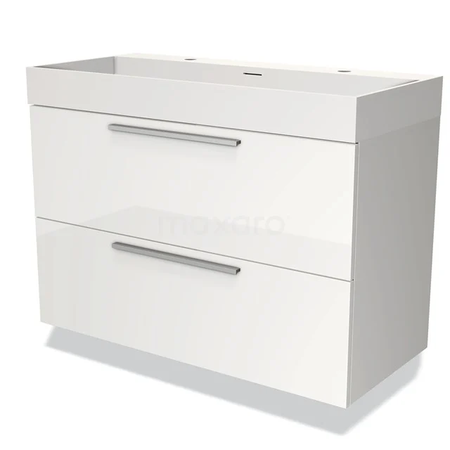 Weiße Badmöbel mit zwei Schubladen und metallischen Haltegriffen, modernes Design, geeignet für stilvolle Badezimmerlagerung.