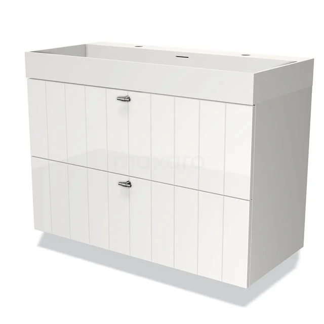 Wit houten badkamermeubel met twee laden, modern design, ideaal voor opslag in de badkamer.