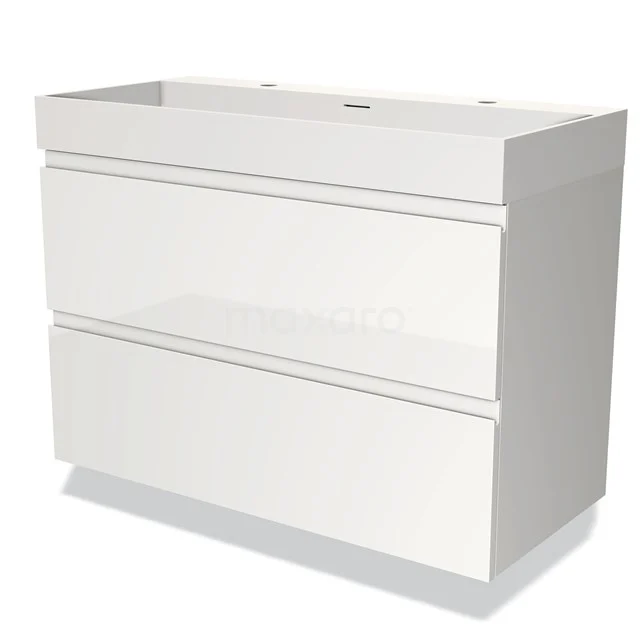 Weißes Badezimmermöbel mit zwei breiten Schubladen, Hochglanz-Finish und modernem Design, ideal als Aufbewahrungslösung im Badezimmer.