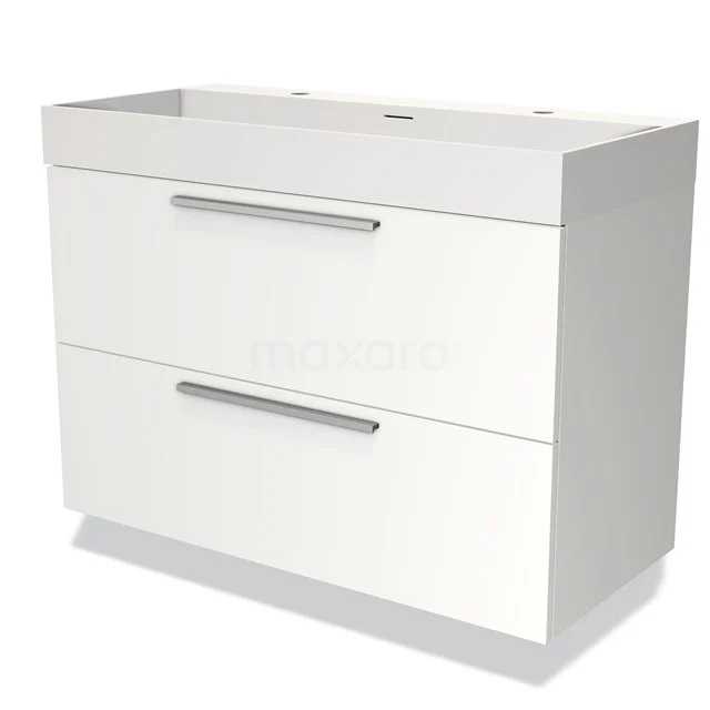 Wit badkamermeubel met twee lades en chromen handgrepen, modern design en glanzende afwerking voor elegante opbergruimte.