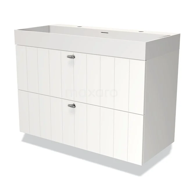 Weißes Holz-Waschtischmöbel mit zwei Softclose-Schubladen, ideal für moderne Badezimmerlagerung.