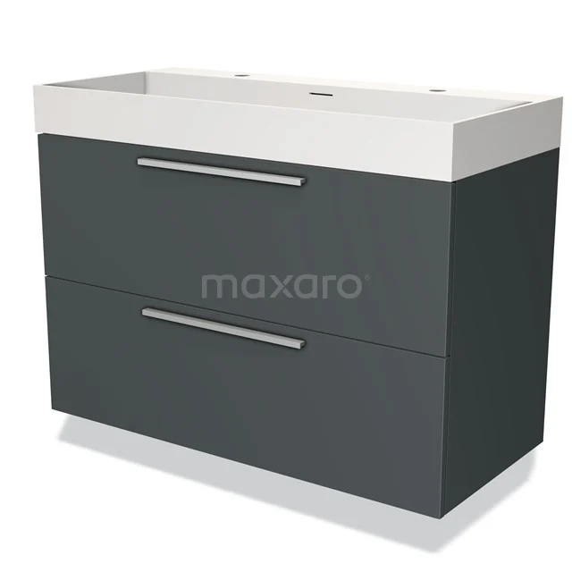 Donkergrijze badkamermeubel met twee brede lades, witte wastafel en slanke handgrepen, modern design met strak afgewerkte lijnen.