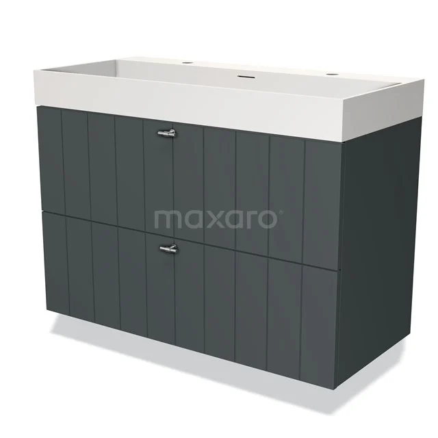 Donkergrijze, houten badkamermeubel met dubbele kraanuitloop en moderne panelen, ideaal voor stijlvolle badkamers.