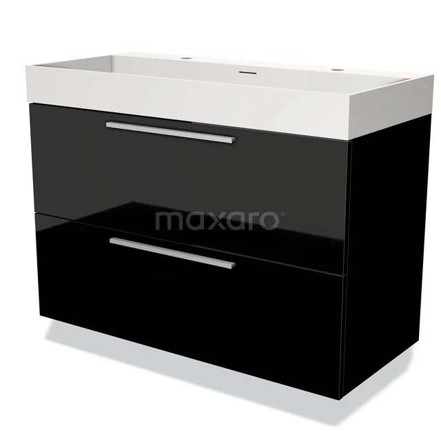 Schwarz-weiße Badmöbelset mit zwei Schubladen, glänzender Oberfläche, schlankem Design, ideal für einen modernen Badezimmerstil.