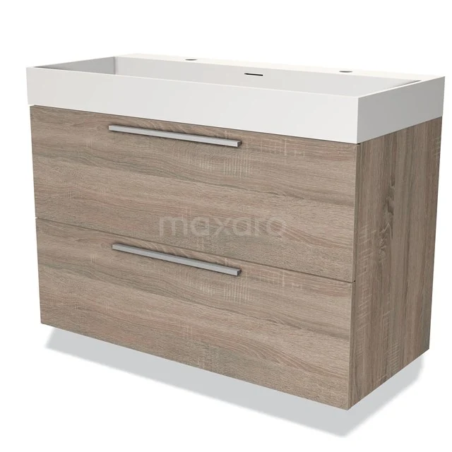 Houten badkamermeubel met twee lades, lichte eikenlook en geïntegreerde witte wastafel, ideaal voor moderne badkamers.