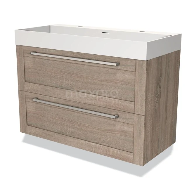 Wooden bathroom unit with two wide drawers, light brown oak look, white ceramic basin and modern metal handles.