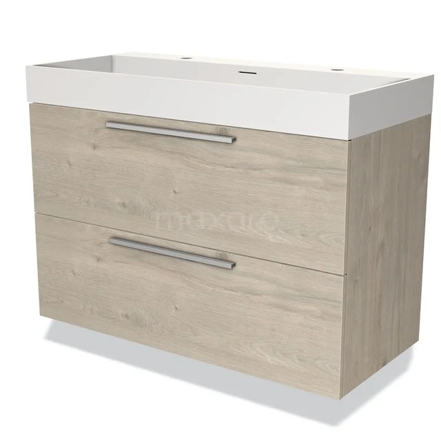 Houten badkamermeubel met 2 lades, witte wastafel en metalen grepen, ideaal voor moderne badkameropslag.