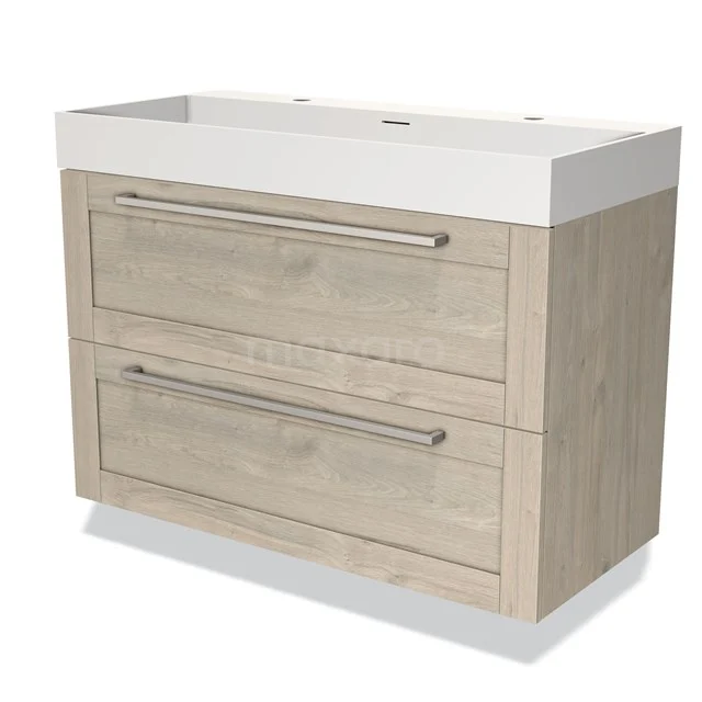 Houten badkamermeubel met twee lades, lichte eiken afwerking en geïntegreerde wastafel, geschikt voor moderne badkamers.