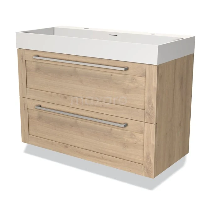 Badkamermeubel eikenhout-look, wit keramische wastafel, 2 lades met metalen grepen, modern design voor stijlvolle badkamers.