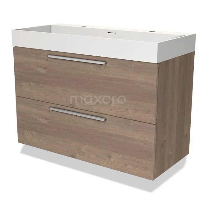 Houten badkamermeubel met twee lades, witte wastafel en moderne handgrepen, ideaal voor stijlvolle badkameropslag.