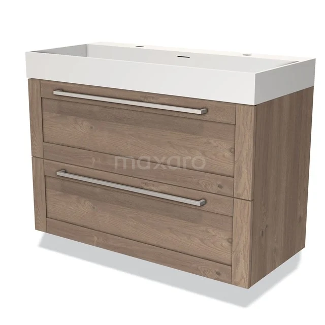 Houten badkamermeubel met twee lades, breed model, naturel eiken uitstraling en witte wastafel, modern design.