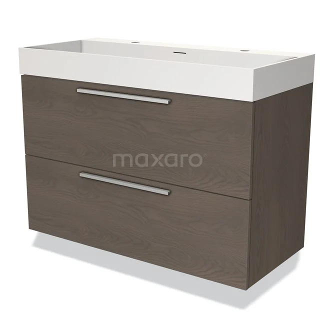 Donkerhouten badkamermeubel met twee lades en wit keramische wastafel, modern design voor stijlvolle badkamers.