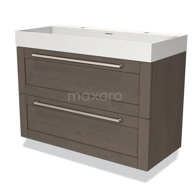 Houten badkamermeubel met twee lades, matbruine afwerking en wit keramisch wastafelblad, ideaal voor moderne badkamers.