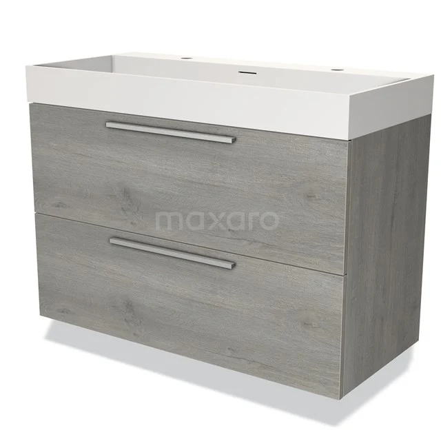 Grijze houten badkamerkast met twee lades, witte wastafel en metalen handgrepen, ideaal voor moderne badkamers.