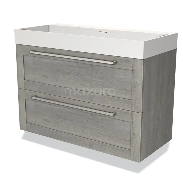 Grijze houten badkamermeubel met twee brede lades en witte keramische wastafel, ideaal voor moderne badkamerinrichting.