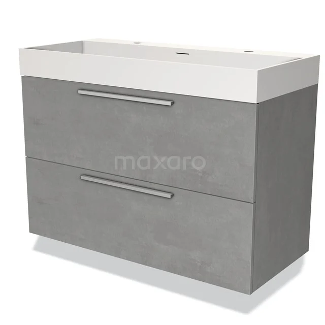 Grijze badkamermeubel met betonlook, twee lades en witte wastafel. Modern design voor stijlvolle badkamerinrichting.