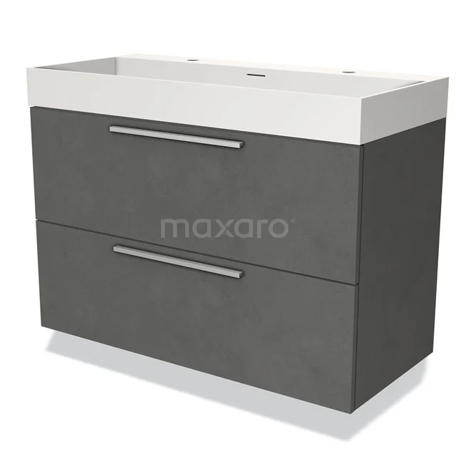 Donkergrijze badkamermeubel met twee lades, witte wastafel en strakke chromen grepen, modern design.