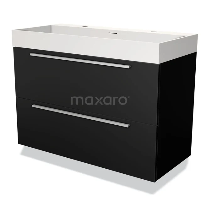 Zwart wastafelmeubel met twee lades en een witte keramische wastafel; strak design, ideaal voor moderne badkamers.