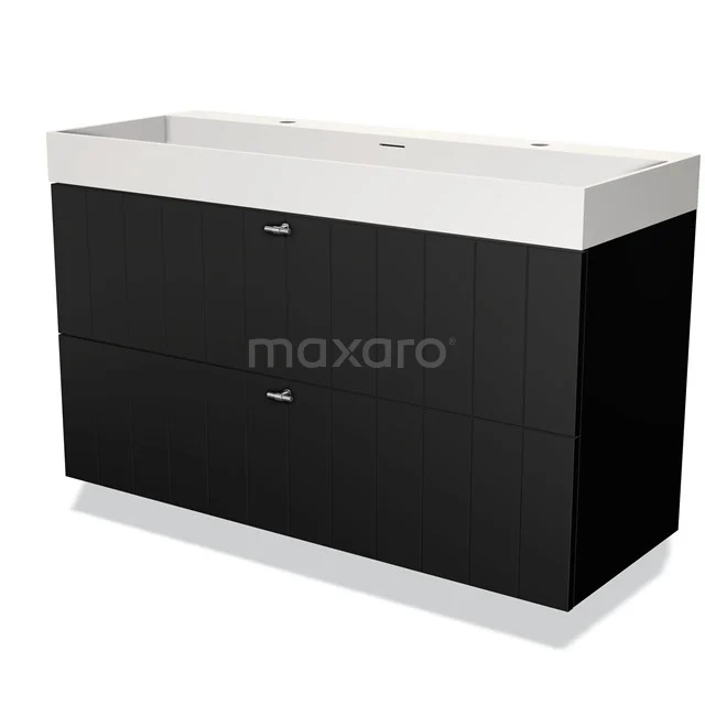 Zwarte wastafelonderkast met dubbele lades, wit opzetwastafel, strak design, ideaal voor moderne badkamers.