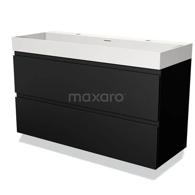 Zwart badkamermeubel met dubbele lades en een wit wastafelblad, strak design, ideaal voor een moderne badkamer.