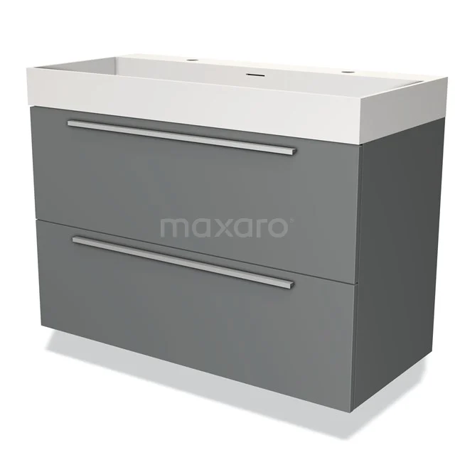 Grijze badkamermeubelset met twee lades en een wit wastafelblad, minimalistisch design, geschikt voor moderne badkamers.
