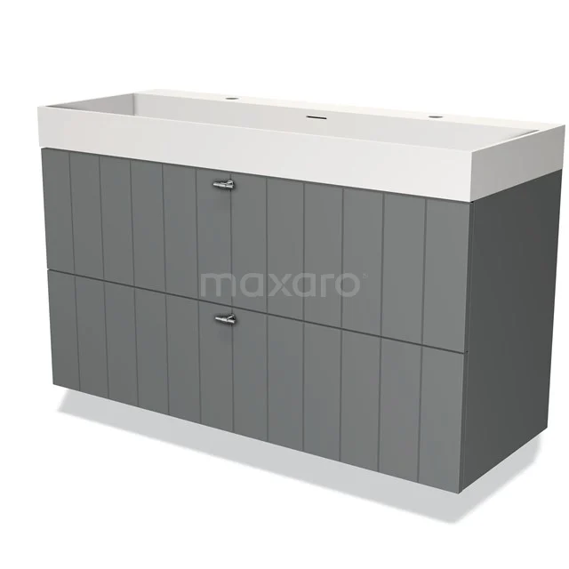 Grijze badmeubelset met dubbele wastafel, verticale ribstructuur, moderne uitstraling, perfect voor een stijlvolle badkamer.