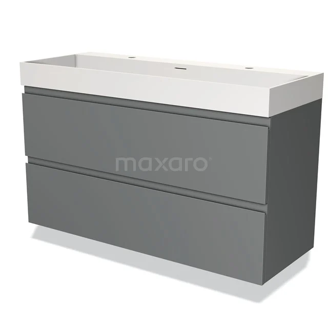 Grey bathroom furniture set with soft-close drawers and white ceramic basin, modern design suitable for any bathroom.