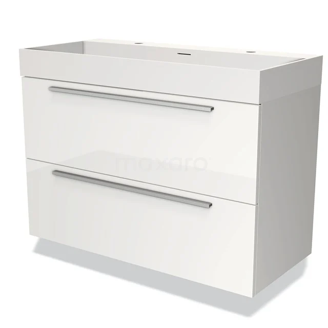 Witte badkamermeubel met twee brede lades, modern design, gladde afwerking en stevige metalen handgrepen.