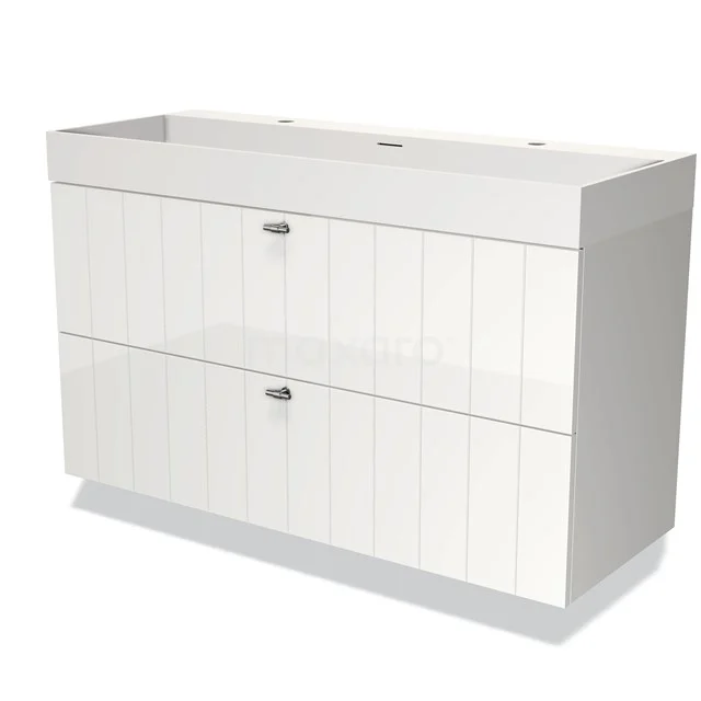 Badmöbel 120cm Modulo Hochglanz Weiß 2 Schubladen Lamellenwaschbecken Solid Surface BMW17-03443 Weiße, moderne Badmöbelset mit zwei grifflosen Schubladen und glänzender Oberfläche, perfekt für stilvolle Badezimmerlagerung.