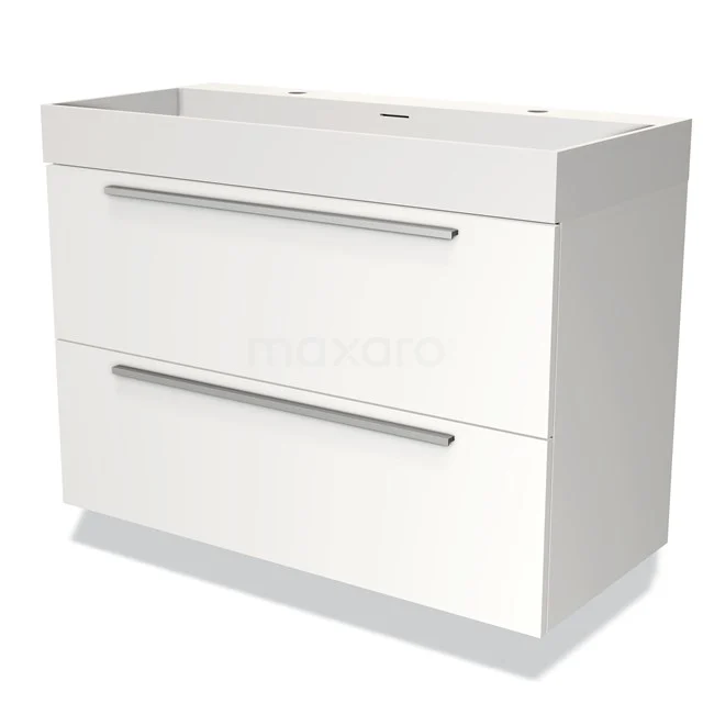 Weißes Badezimmermöbel mit zwei breiten Schubladen, schlichten Haltegriffen und modernem Design, perfekt für ein zeitgemäßes Badezimmer.