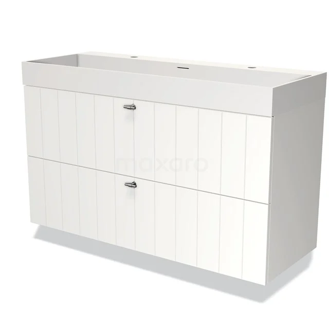 Weißes Badezimmermöbel mit zwei Schubladen, Paneelen in Holzoptik und klarem Design, ideal für ein modernes Badezimmer.