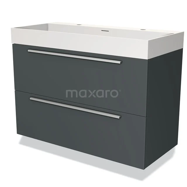 Donkergrijze badkamermeubelset met dubbele lades en witte wastafel, modern design en strak afgewerkt.