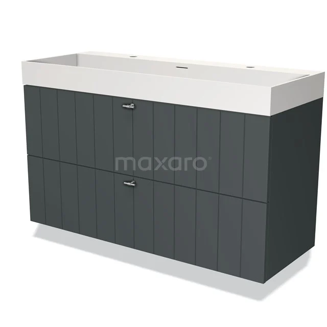 Grey double bathroom furniture set with horizontal lines, white ceramic basin worktop and soft-close drawers.