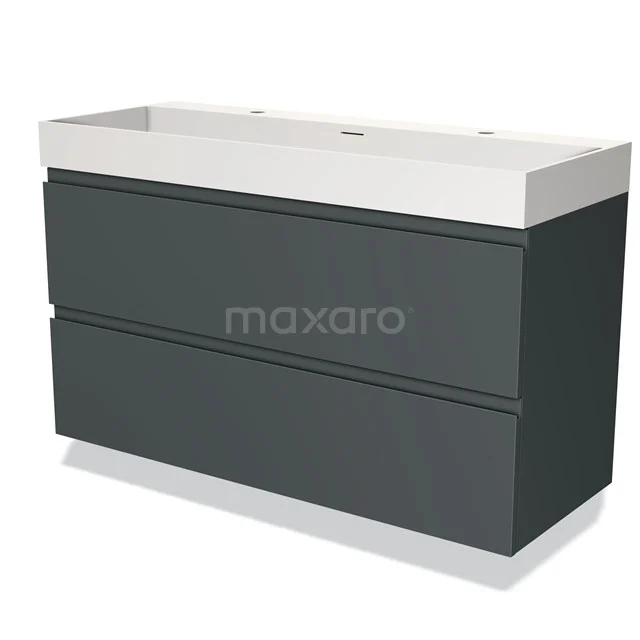 Dark grey bathroom furniture set with two drawers and white basin worktop, modern design, perfect for a stylish bathroom.